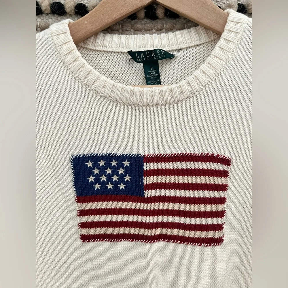 Vintage Rare Green Tag 90S Ralph Lauren Ivory Flag Knitted Sweater - Picture 6 of 15